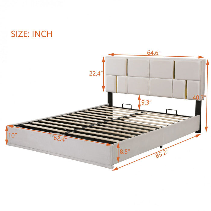 Ensemble De Chambre Nicole 2 Pieces Avec Lit Plateforme Tapisse Et Banc Coffre, Taille Queen, Beige