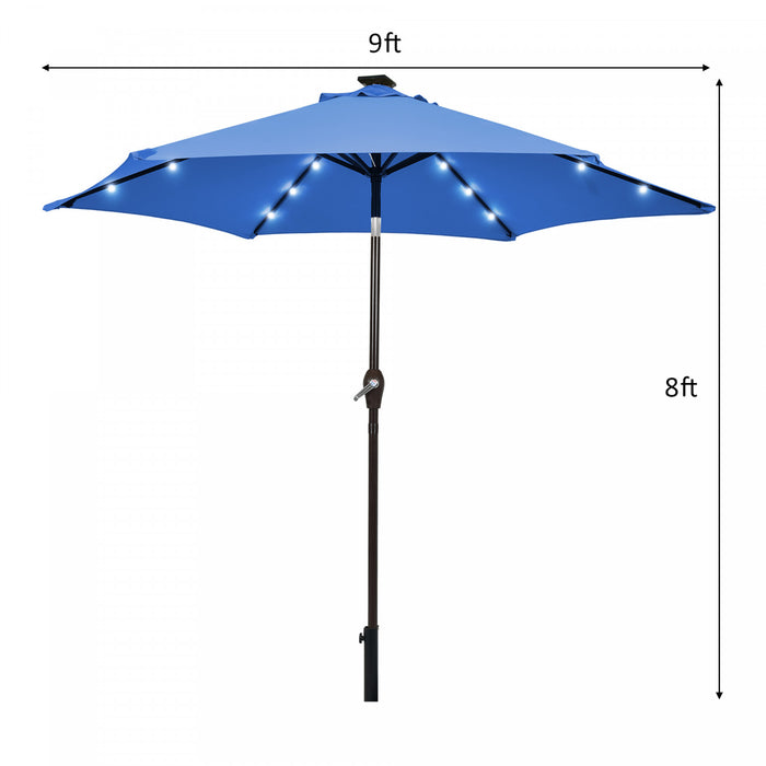 Costway Parasol de marche solaire LED de 9 pieds avec reglage d'inclinaison et manivelle, bleu