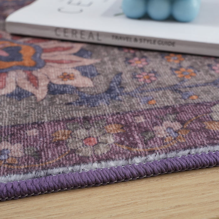 Tapis Brun Floral Lavable Antiderapant A Poils Ras 5'x7'