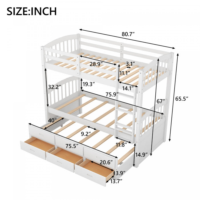 Sean – Lit Superpose Convertible En Bois Massif Avec Lit Gigogne Et Tiroirs, Format Simple, Blanc