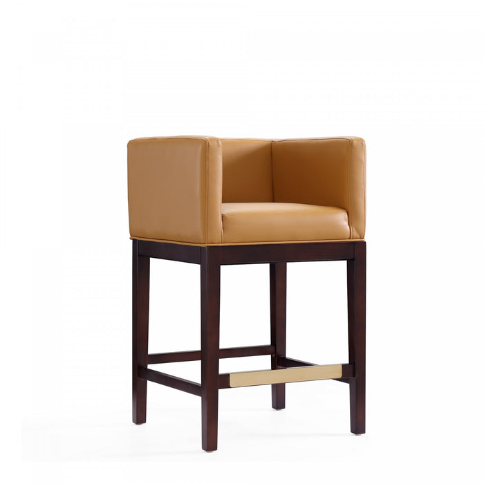 Tabouret de comptoir Kingsley style milieu du siecle en bois et tissu, coloris camel - Lot de 2