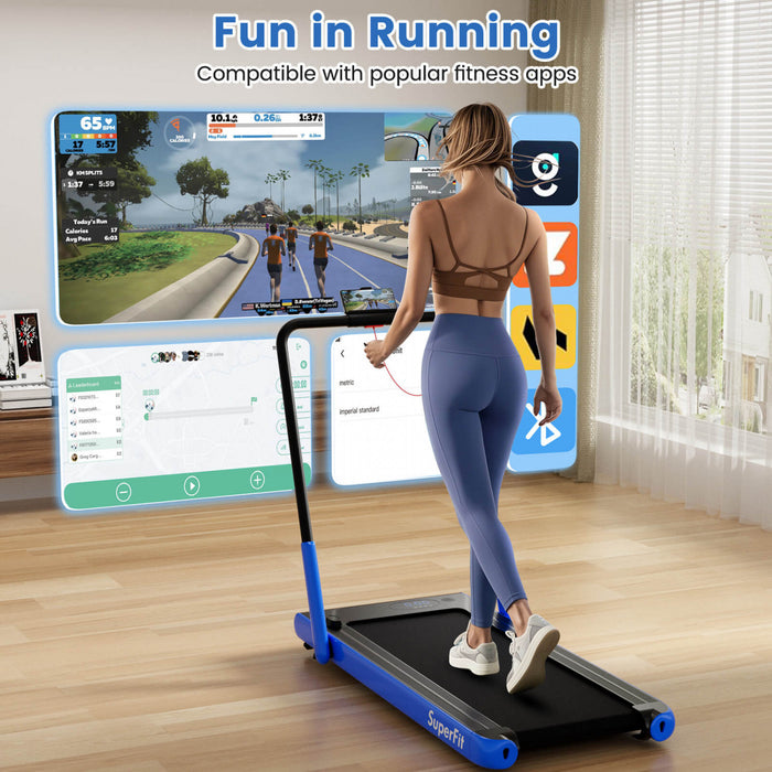 Tapis Roulant Pliant 3 En 1 Superfit Avec Ecran Led A Telecommande Smart Apps Et Haut-parleurs Bleu