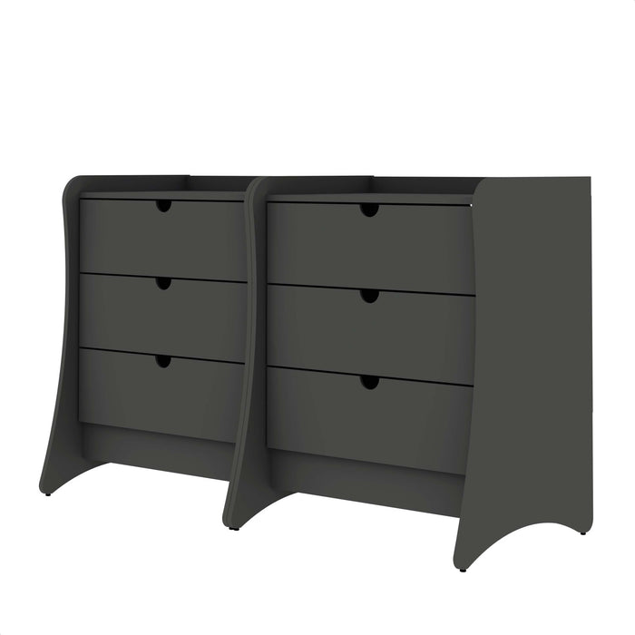 Table de nuit Coney style milieu du siecle 71 cm en gris charbon (3 tiroirs) – Lot de 2