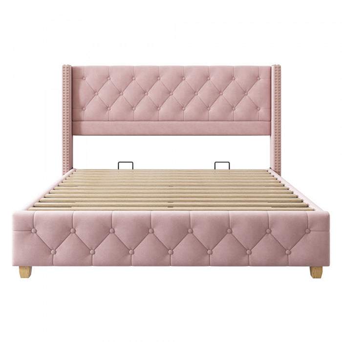 Lit plateforme en lin Haley avec tete de lit a ailes classiques et capitonnage en diamant, taille Full, rose