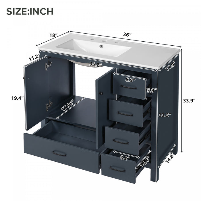 Meuble de salle de bain moderne Derek 36 pouces avec lavabo ceramique et rangement multiple, bleu