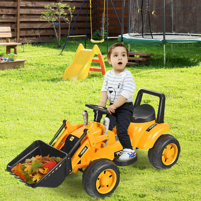 Les Enfants Montent Sur Le Tracteur A Batterie 6v De L'excavatrice W/digging Bucket Jaune