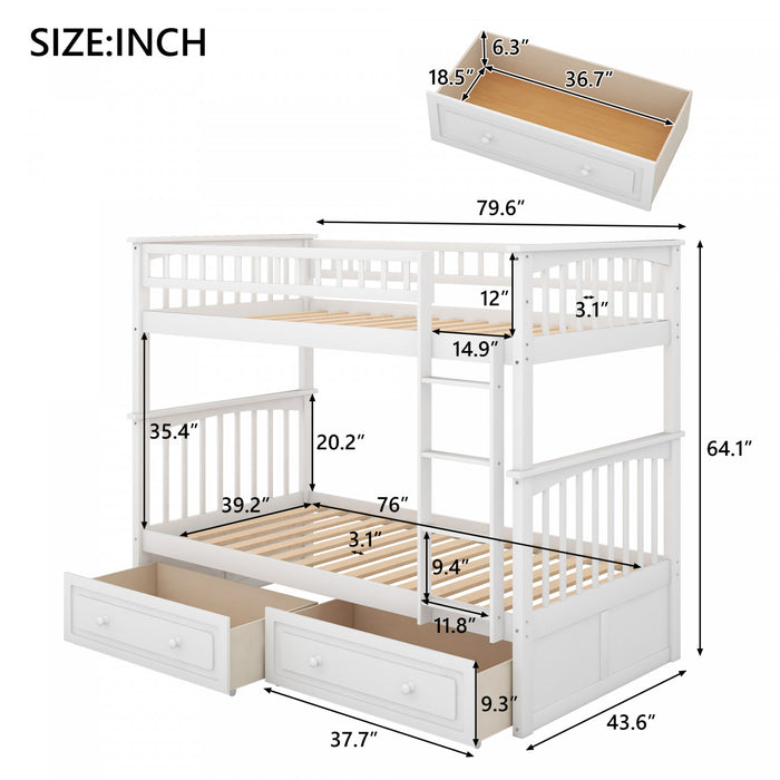Lit Superpose Convertible Elvis En Bois Massif, Taille Simple, Avec Tiroirs, Blanc