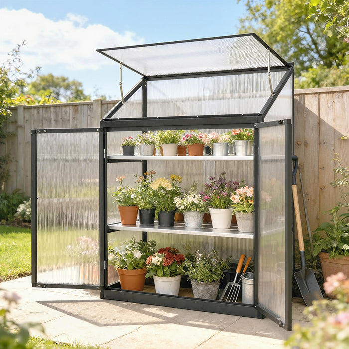 Outsunny Serre en polycarbonate avec ventilation et portes, noir