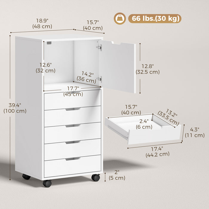 HOMCOM Classeur vertical 5 tiroirs avec roulettes verrouillables Blanc