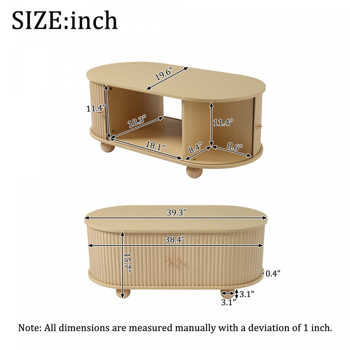 Ethan table basse ovale – table basse avec portes coulissantes et rangement cache, bois naturel