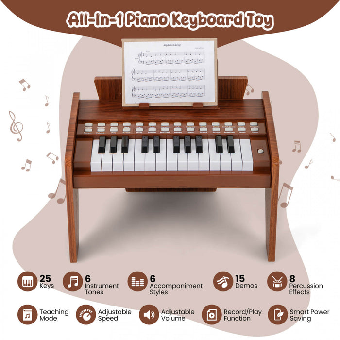 Costway Piano Numerique 25 Touches avec Pupitre, Mode Enseignement, Touches Retroeclairees et Vitesse Reglable - Marron