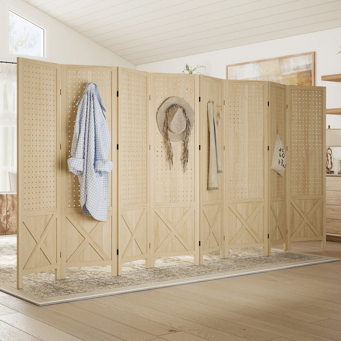 HOMCOM Paravent a 8 Panneaux avec Surface Perforee, Bois Naturel