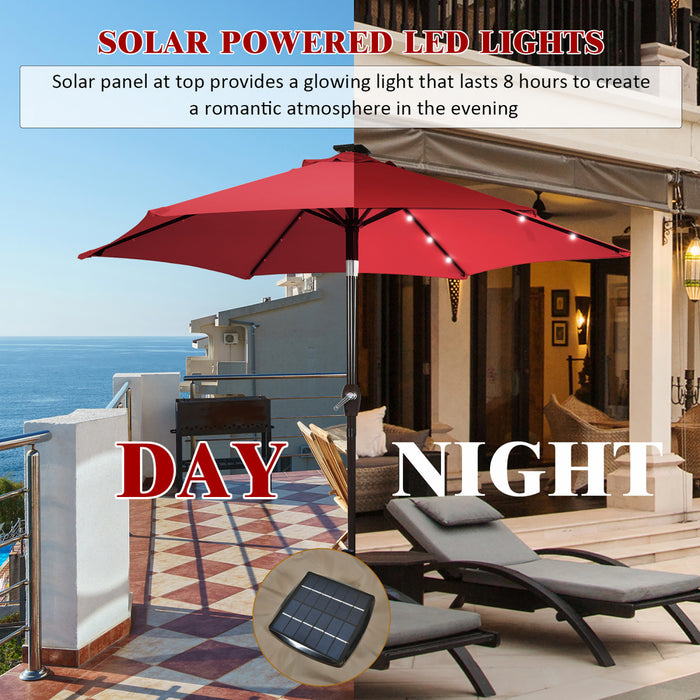 Costway Parasol de marche solaire LED de 9 pieds avec reglage d'inclinaison et manivelle, bordeaux