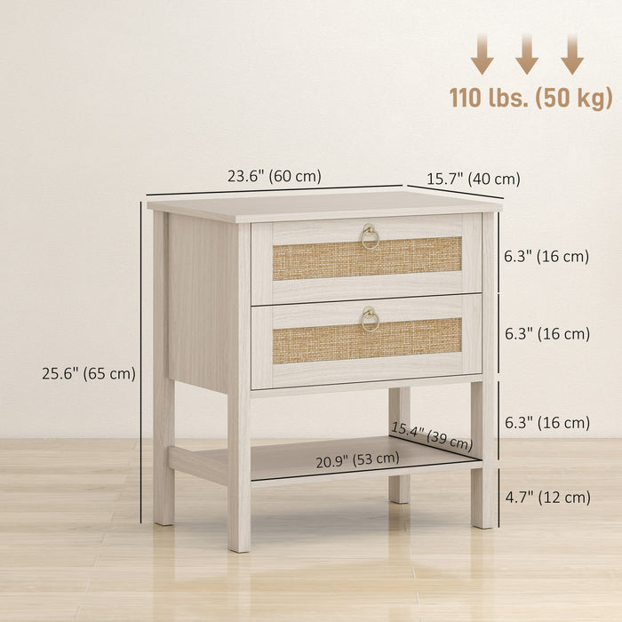 HOMCOM Lot de 2 Tables de Nuit en Rotin avec 2 Tiroirs, Chene Blanc