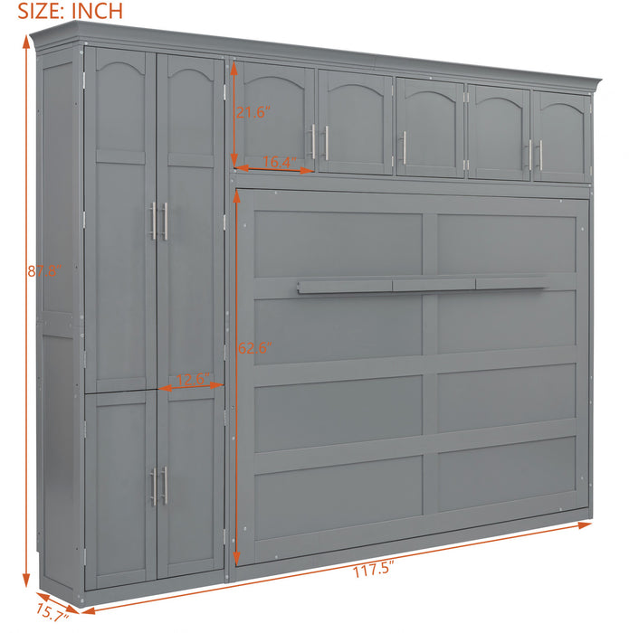 Lit Mural Escamotable Eileen Avec Rangements, Taille Queen, Gris