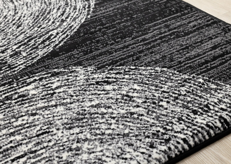 Tapis Florence noir, gris et blanc a motif d'anneaux d'arbre, 5'3\" x 7'4\"