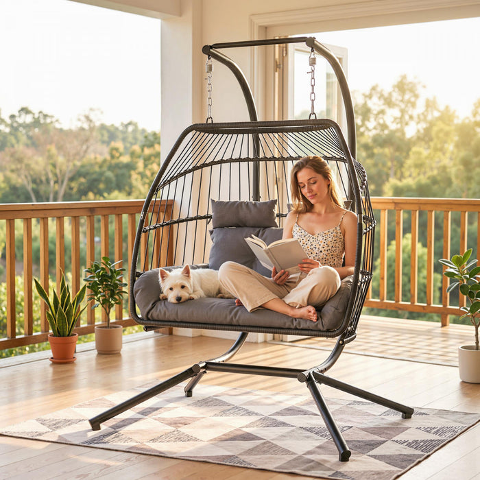 Outsunny Chaise double suspendue avec auvent, chaise hamac pliable, gris