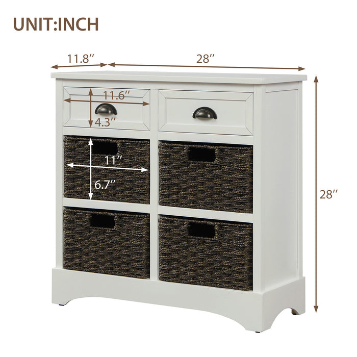 Buffet De Rangement Tobey En Bois Massif Avec 2 Tiroirs Et 4 Paniers En Rotin, Blanc