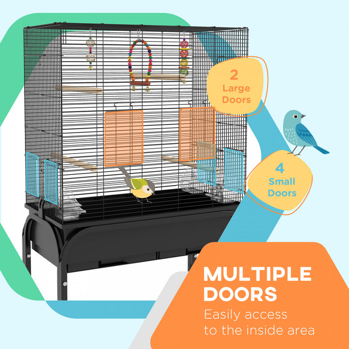 Pawhut 51\" Cage A Oiseaux Pour Perruches Canaris Pinsons Avec Support Roulant, Jouets, Noir