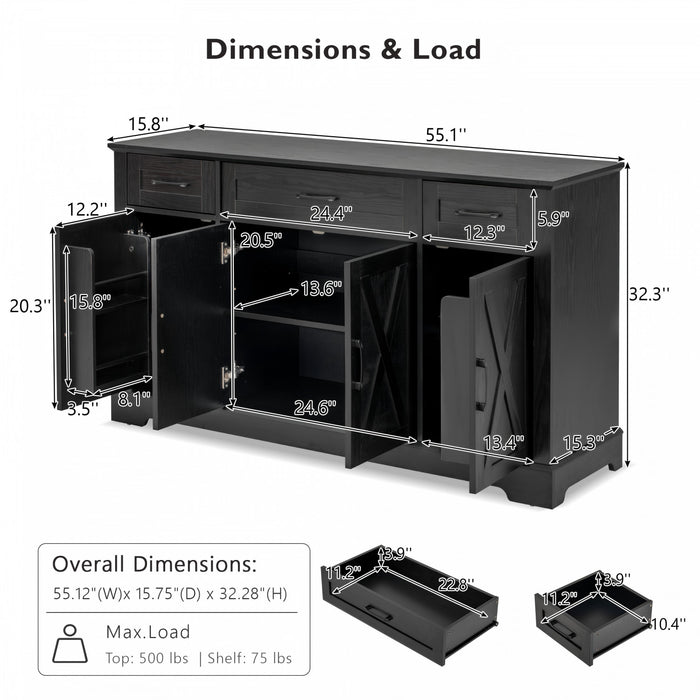 Buffet De Rangement Ajustable Ryan 55\" Avec Etageres A Portes Et Station Café - Noir