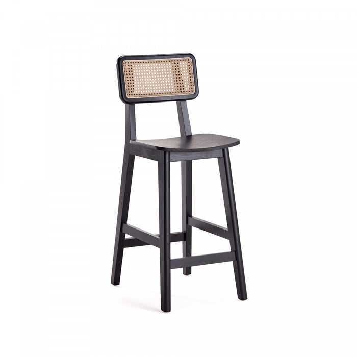 Tabouret de comptoir industriel chic Versailles avec dossier en cannage, bois noir et naturel - Lot de 3