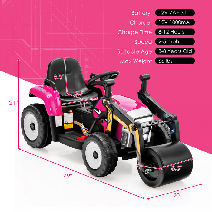 Costway Enfants Rouler Sur Route Rouleau 12v Tracteur Electrique A Distance W / Musique & Led Rose Clair