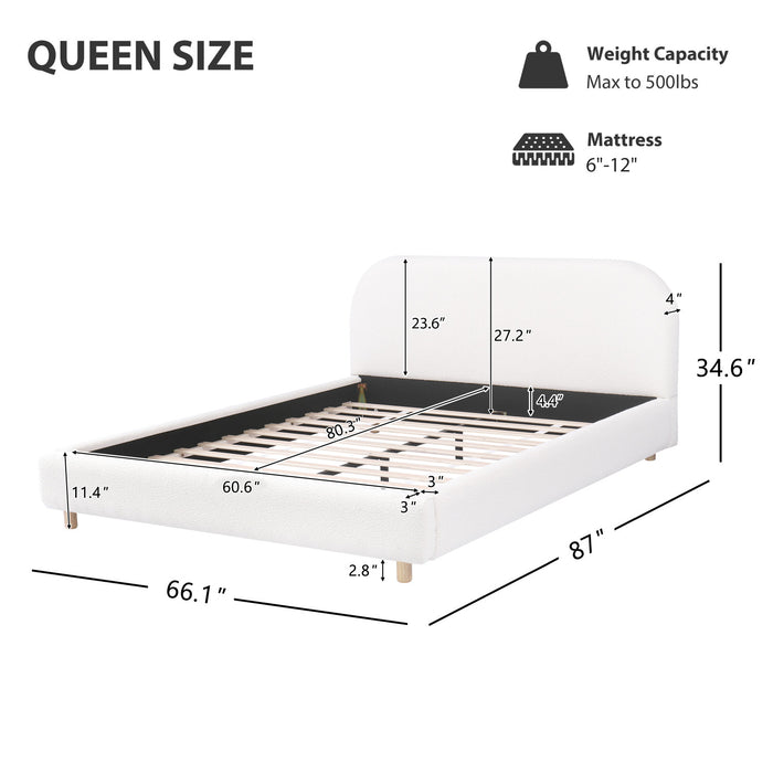 Lit Mia Rembourre en Tissu Boucle, Taille Queen - Beige Clair