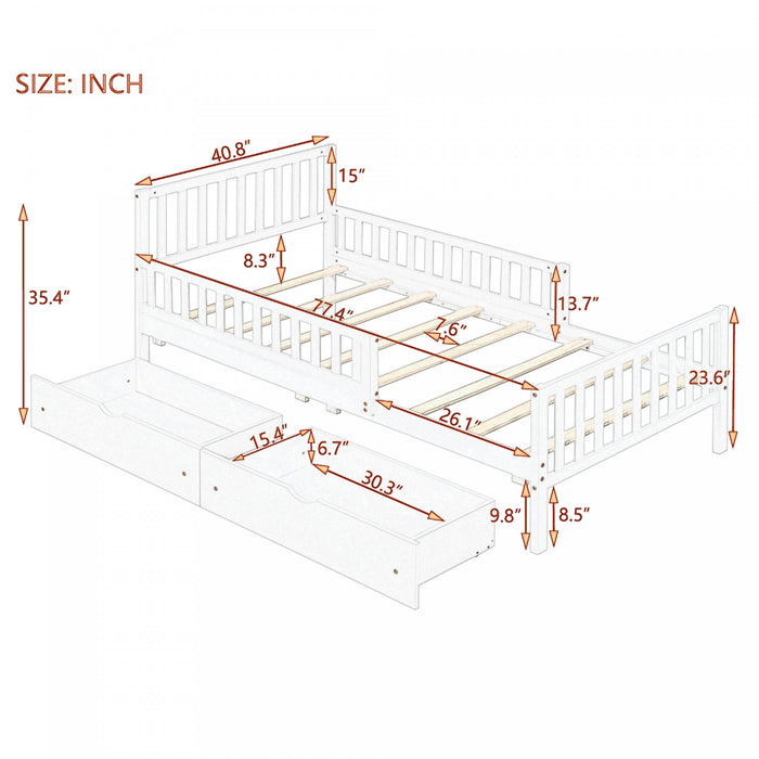 Emma – Lit Plateforme en Bois avec Barrieres de Protection et Tiroirs de Rangement, Format Simple - Gris