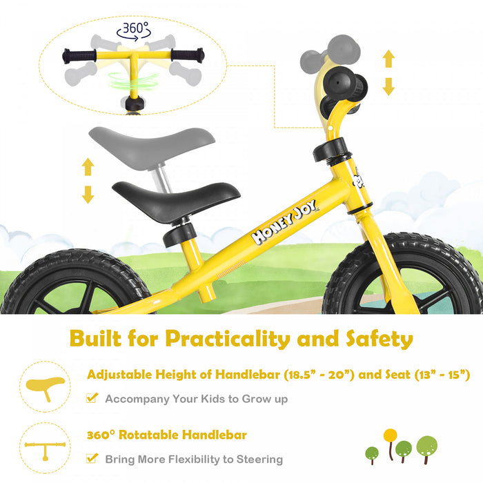 Honeyjoy Enfants Equilibre Velo Pas Pedale Velo D'entrainement W / Guidon Reglable Et Siege Jaune