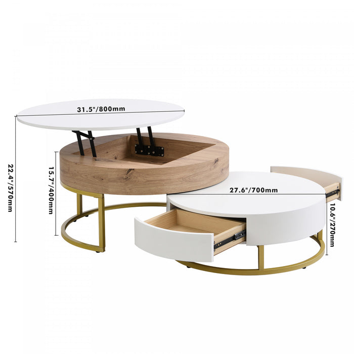 Table Basse Gigogne Ronde Sherry De 31,5\" En Bois Composite Avec Plateau Relevable Et Tiroirs, Blanche