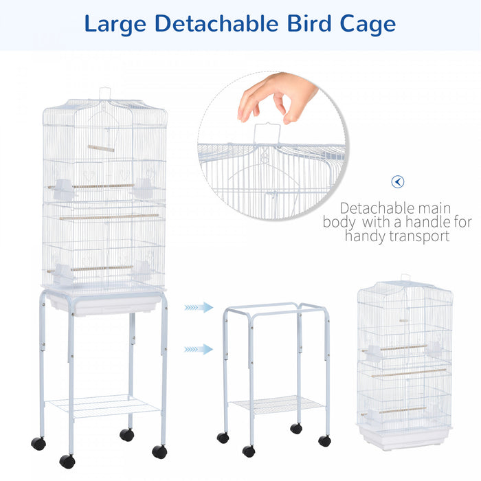 Pawhut 62\" Cage Pour Oiseaux Cacatoes Maison De Jeu Pinson Fournitures Pour Animaux Avec Roues Blanches