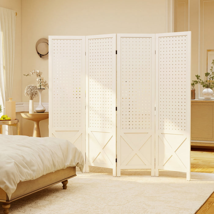 HOMCOM Paravent a 4 Panneaux avec Panneau Perfore pour Interieur, Blanc
