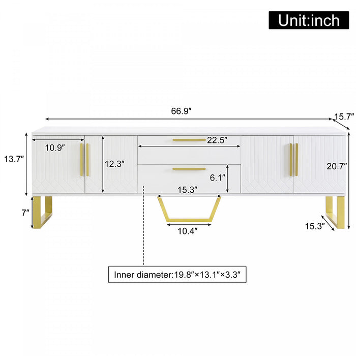 Steven 66.9\" Cabinet TV Sur Pieds avec Poignees et Pieds Dores, Blanc