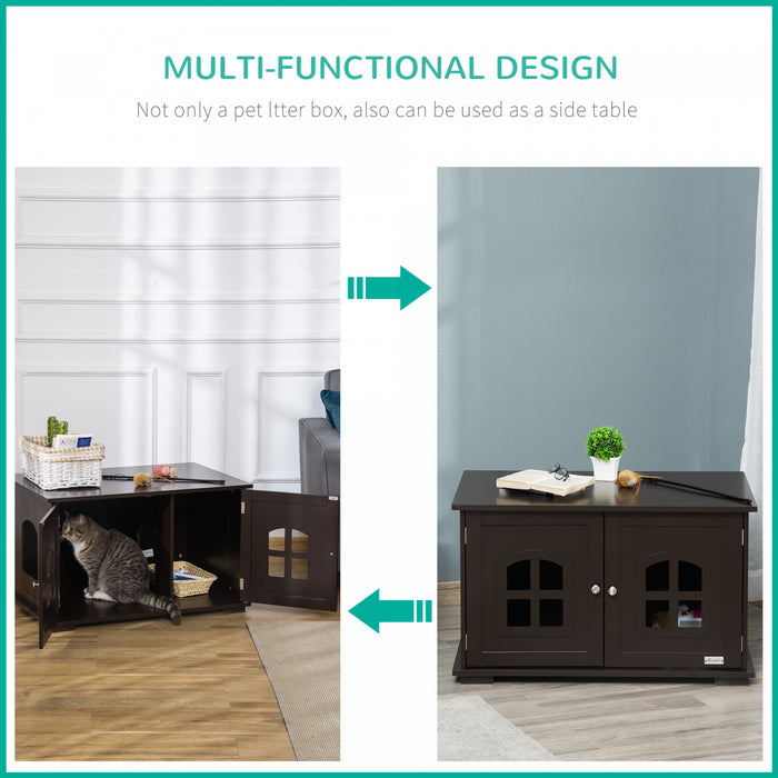 Pawhut Boite A Litiere Pour Chat Meuble Pour Chat Cache Toilette Interieure Pour Chat Table De Nuit A Double Porte Table D'extremite Avec Fenetre Pour Chat Cafe