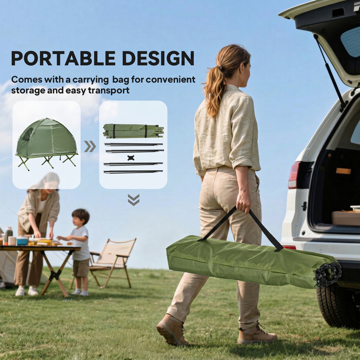Tente-lit de camping Outsunny, ensemble pliable et portable pour l'exterieur avec surelevation, vert