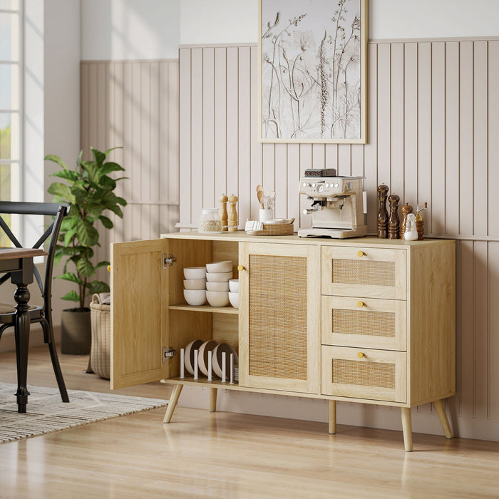 HOMCOM Buffet en rotin 47\" avec portes a fermeture amortie, naturel