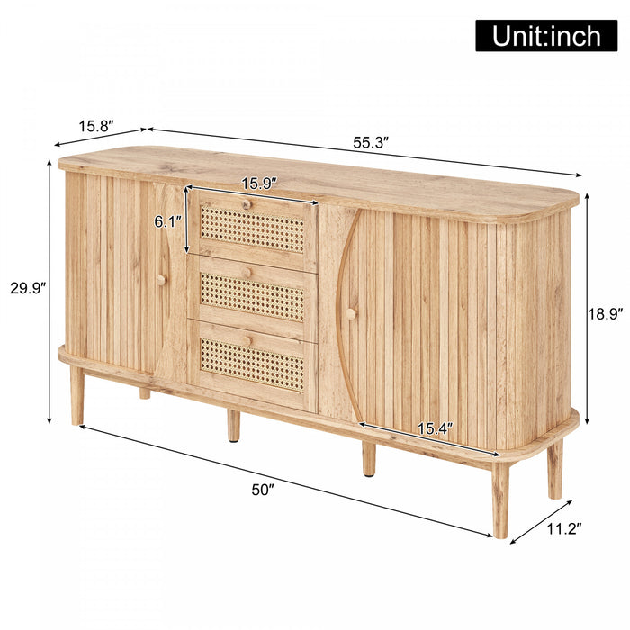 James 55.3\" Cabinet Moderne Minimaliste en Bois avec Portes Coulissantes et Etageres Ajustables, Naturel