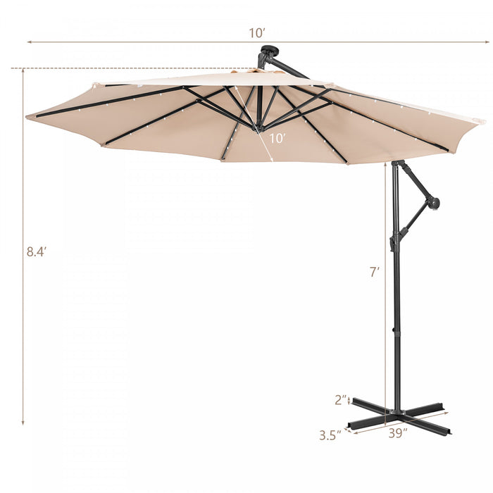 Costway Parasol cantilever 10FT solaire avec 32 LED eclairees pour terrasse, exterieur, beige