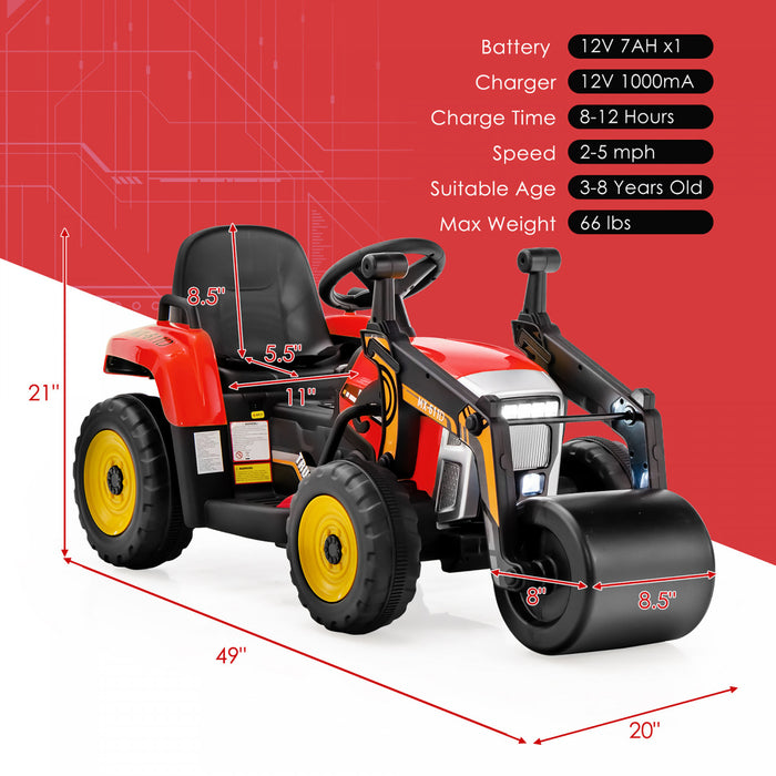 Costway Enfants Rouler Sur La Route Rouleau 12v Tracteur Electrique A Distance W / Musique & Led Lumiere Rouge