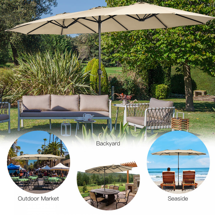 Costway Parasol double face 15FT a manivelle avec base pour marche exterieur Beige