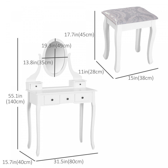 HOMCOM Ensemble coiffeuse en bois, coiffeuse avec miroir rotatif a 360°