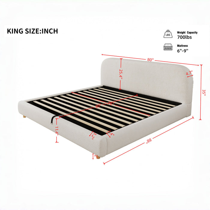 Lit plateforme Laurel avec coffre de rangement a levage hydraulique, tapisserie bouclee et espace de rangement cache sous le lit, taille King, blanc