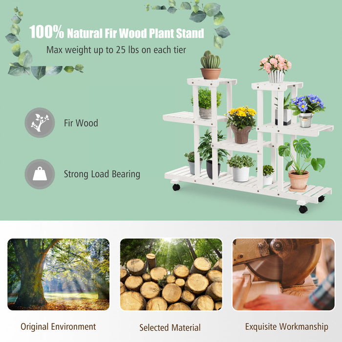 Costway 4 Niveaux Roulant Fleur Rack Bois Plante Stand Roulettes 12 Pots Bonsai Etagere D'affichage