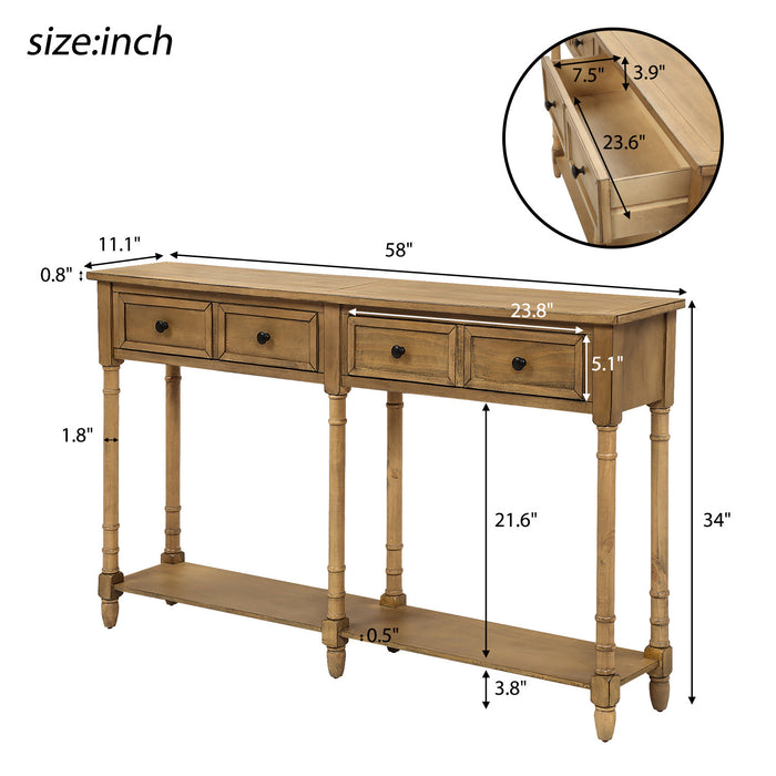 Table Console Phyllis En Bois Massif Avec Tiroirs Et Etagere Inferieure - Pin Ancien