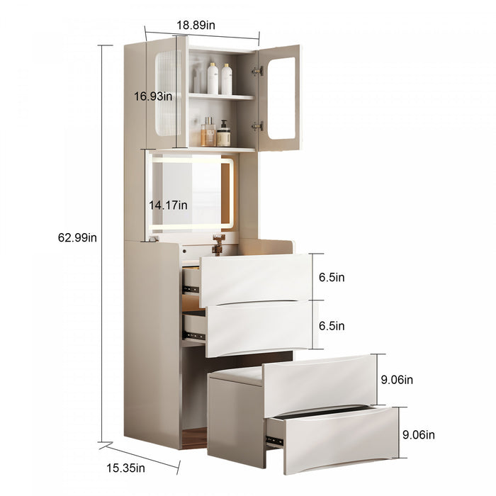 Emily Ensemble de coiffeuse 3-en-1 avec miroir LED et rangement, Blanc