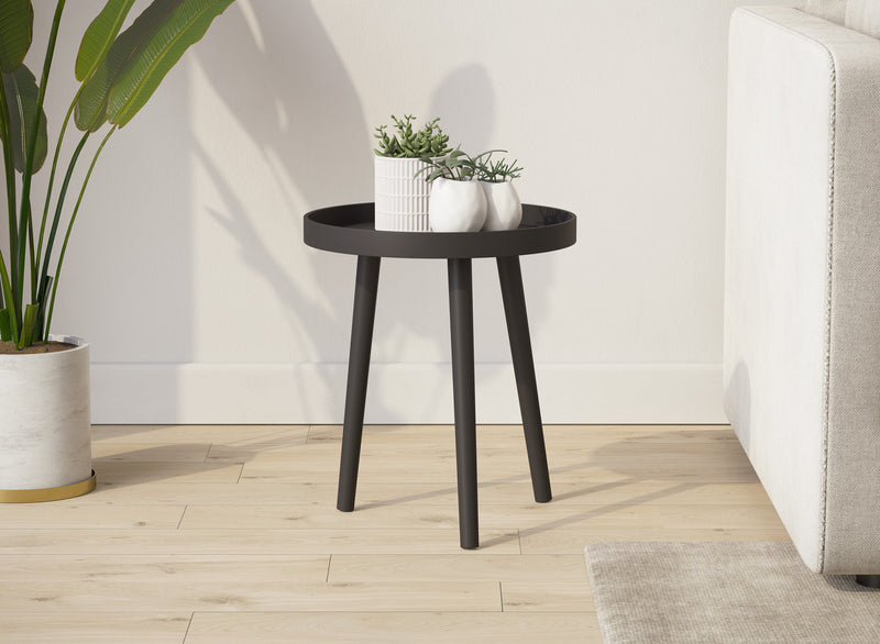 Table de bout avec base en pin noir - dessus noir de forme ronde