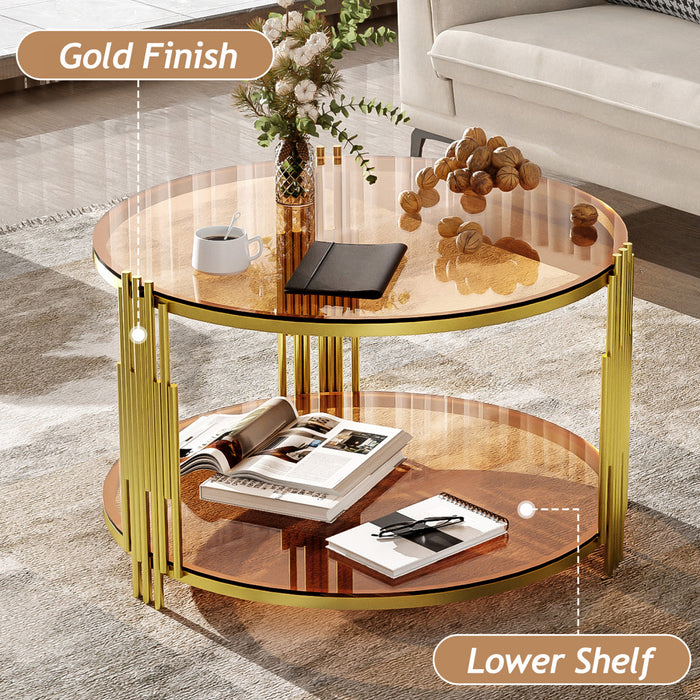 Table Basse Ronde Jonas De 31,5\" En Verre Trempe Avec Etagere Inferieure, Marron