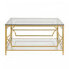 Gleam 33.5 Inch Square Tempered Glass Coffee Table with Geometric Gold Frame and Lower Shelf, Transparent | Gleam Table Basse Carree en Verre Trempe 33.5 po avec Cadre Geometrique Dore et Etagere Inferieure, Transparent