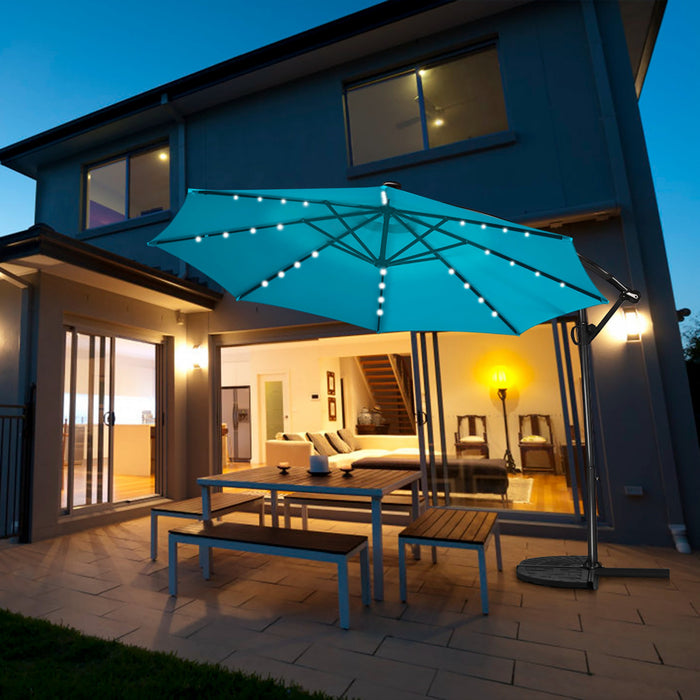 Costway Parasol deporte de patio de 10 pieds, alimente par energie solaire, LED, rotation a 360 degres, aluminium, turquoise