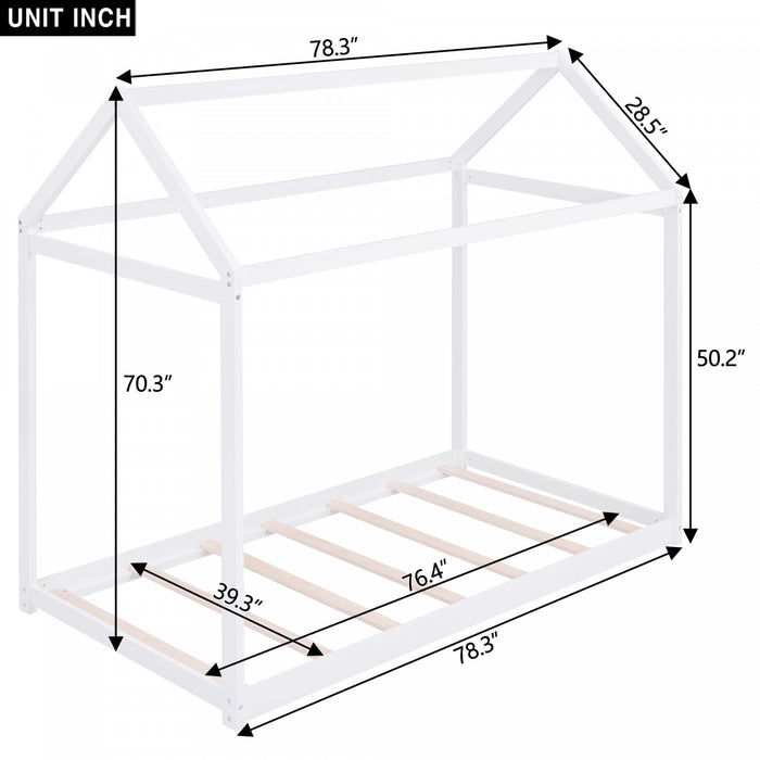 Lit De Maison En Bois Massif Au Design Facile A Nettoyer Avec Cadre De Toit, Taille Simple, Blanc
